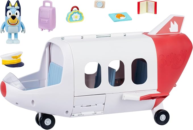 Bluey Adventure Plane, Airplane Toys, Pilot Figure and Accessories | Open side with fold-down stairs, family seating, and luggage storage in this airplanes for kids playset