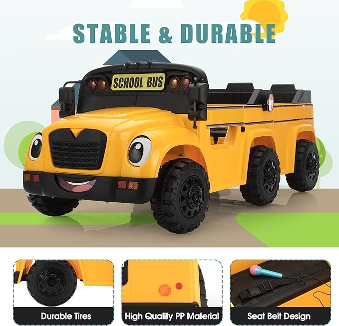 TOBBI 2 Seater Kids Eletric Ride on School Bus Toy, 35W-4WD Battery Powered Car with Remote Control/6 Wheels/Horn/LED/Music for Toddlers 3-8 Years, Yellow