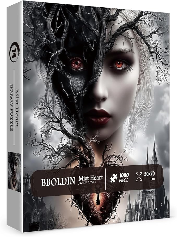 Magic Women Heart Puzzles for Adults 1000 Pieces, Fantasy Puzzle Tree of Life Key Demon Angel Jigsaw Puzzles, Black White Castle Impossible Hard Difficult Challenging Puzzle