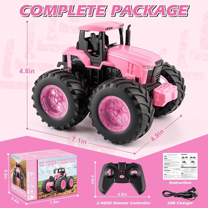 Remote Control Tractor Toys, Light Up Farm Monster Trucks Toy for Boys & Girls 3, 4, 5, 6, 7 Year Old, 2.4 Ghz RC Tractor Toys, Ideal Christmas, Birthday Gifts for Kids