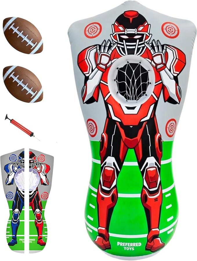 Preferred Toys 65” Inflatable Football Target Net Toss Game - Double-Sided Throwing Practice Football Stuff with Mini Balls - Backyard Tailgate Party Sports Toy for Kids & Adults
