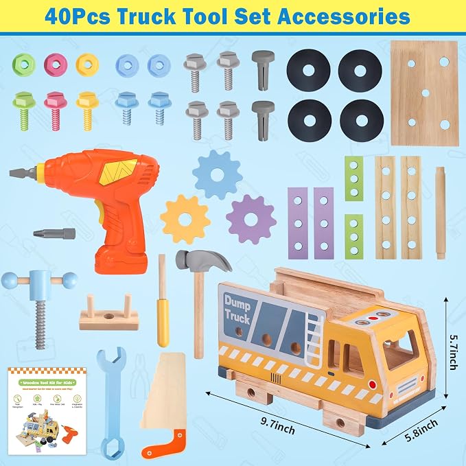 Kids Tool Set - 40 Pcs Wooden Toddler Tool Bench with Toy Drill,Montessori STEM Construction Pretend Play Toys for 3 4 5 Year Old Boys Girls, Toolbox Truck with Storage, Toddler Birthday Gift