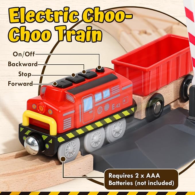 Lehoo Castle 68PCS Wooden Train Set - Toy Train Set for Toddlers 2-4, Wooden Train Track for Kids w/Crane, Railway Playset for 3 Year Old Boys Girls Birthday Gift