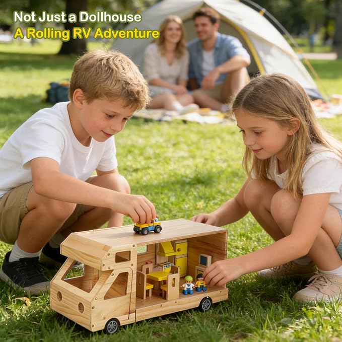 RV Camper Dollhouse for Kids, Wooden Rolling Motorhome with Full Furniture Set, Travel Doll House Toy with Miniature Rooms for Boys & Girls, Pretend Play Adventure Home