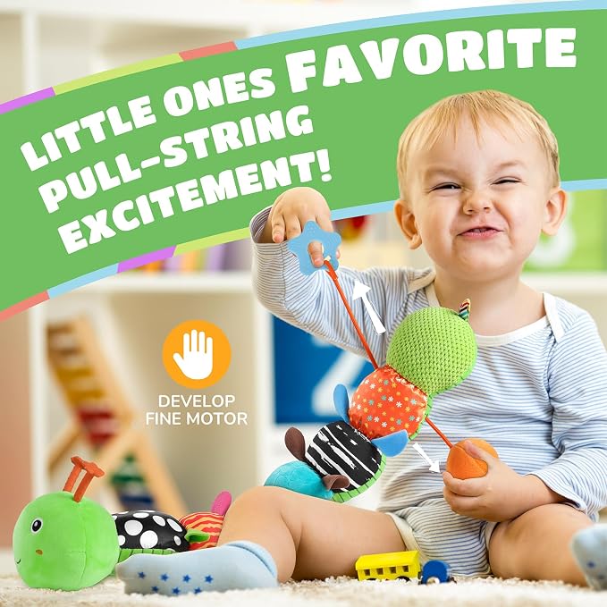 AWOTOY Baby Sensory Toys Music Caterpillar Plush Infant Toys 0 6 12 Months | Stuffed Animals Tummy Time Teething Toys with Mirror Pull String Rattle Baby Toys for Newborn Boy Girl Shower Birthday Gifts