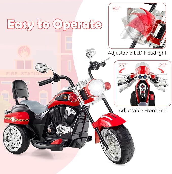 Costzon Kids Motorcycle, 6V Battery Powered Ride on Chopper Motorcycle w/Horn, Headlight, 3-Wheel Stable Ride on Toys, Electric Toddler Motorcycle for Kids, Gift for Boys Girls (Fire Red)