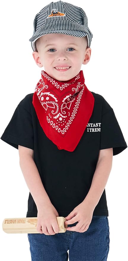 Conductor Hat+Wooden Train Whistle+Paisley Bandanna (3 in 1) Engineer Cap Adjustable Train Conductor Dress Up Kit for Kids Red