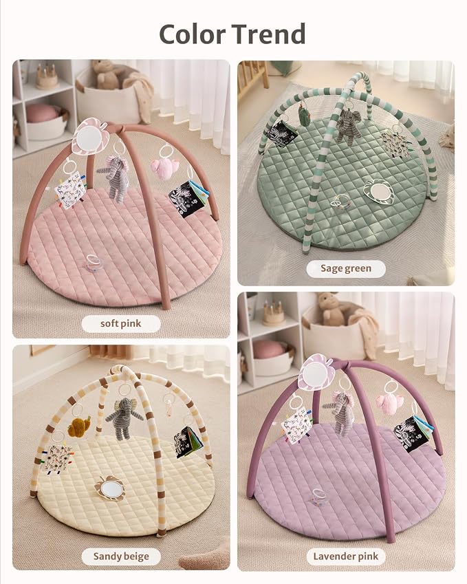 Blissful Diary Baby Play Gym Mat, Tummy Time Activity Mat with 6 Detachable Toys for Stage-Based Sensory & Motor Skill Development, Easy to Install & Clean, Baby Essentials Gift, Sandy Beige