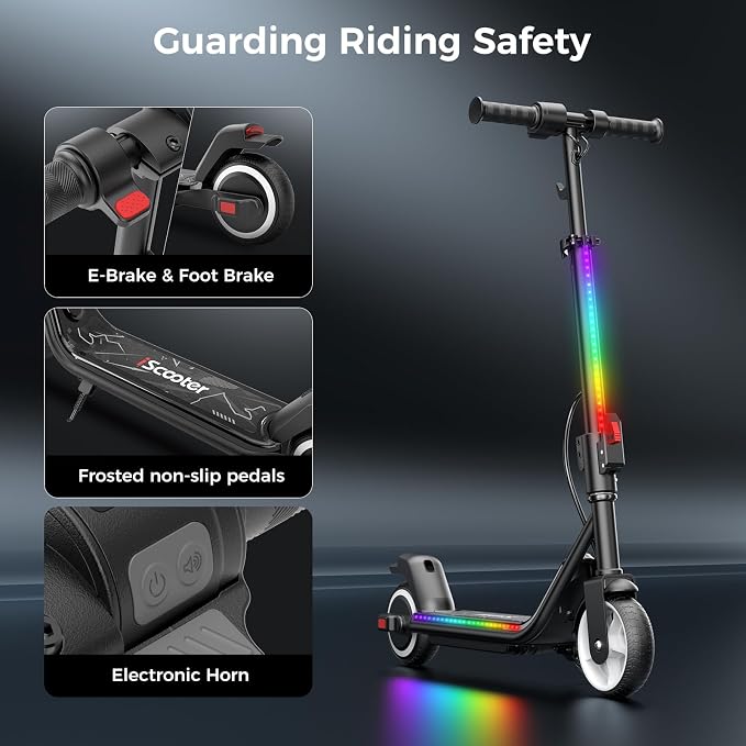 iScooter IK3 Serious Electric Scooter for Kids Aged 6-12, 3/6/10MPH Speed, Dual Brake System, 3 Heights (IK3Pro), Magnetic Charging, Colorful Lights, LED Display, 150W Motor Kids Scooter