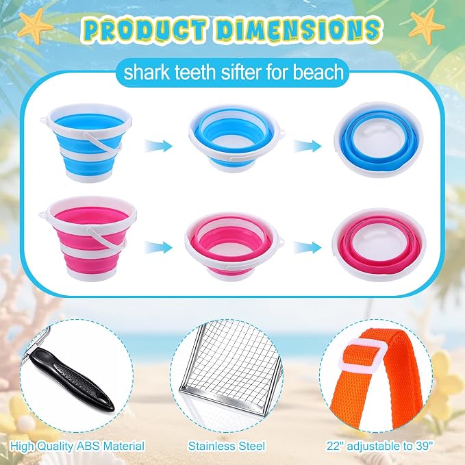 Silipull 8 Pcs Beach Toys Shell Collecting Set Sand Toys Include 2 Beach Mesh Bag 2 Sand Sifter 2 Mesh Shovel Scoop 2 Foldable Bucket Shark Tooth Sifter for Kids Vacation Essentials