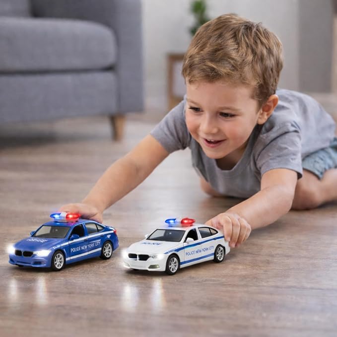 2 Pack Metal Diecast NY Police Cars Pull Back Battery Powered Toy Vehicles with LED Headlights and Siren Sounds 1:32 Scale