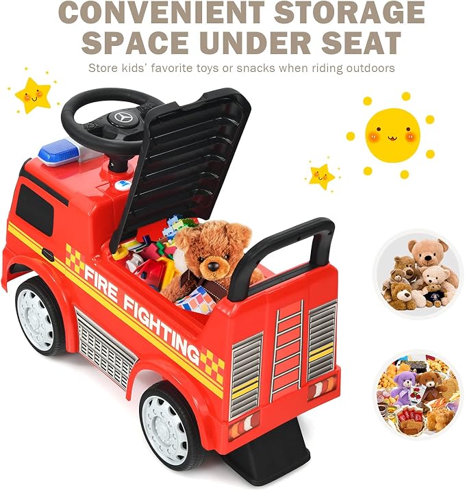 HONEY JOY Ride On Push Car, Licensed Mercedes Benz Push Cars for Toddlers w/Horn, Music, Lights, Under Seat Storage, Foot-to-Floor Ride On Fire Truck Toy for Kids Boys Girls 1-3, Red