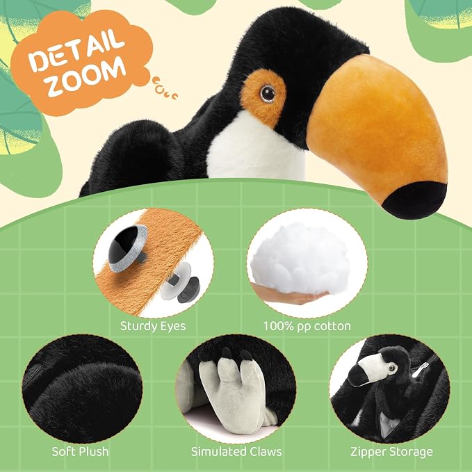MorisMos 24" Giant Toucan Stuffed Animal Mommy with 3 Baby Toucan Toys for Kid Girl Boy, Realistic Black Bird Plush with Baby Bird Toys Gift for Birthday, Tropical Rainforest Stuffed Animals Decor