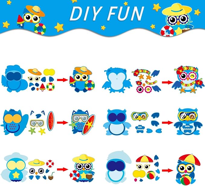 chiazllta 30 PCS Summer Craft Kits Kids DIY Hawaii Aloha Owl End of School Year Craft Preschool Art Craft, Make Your Own Bulk Set for Home Classroom Day-Care Game Activities Summer Party Favors