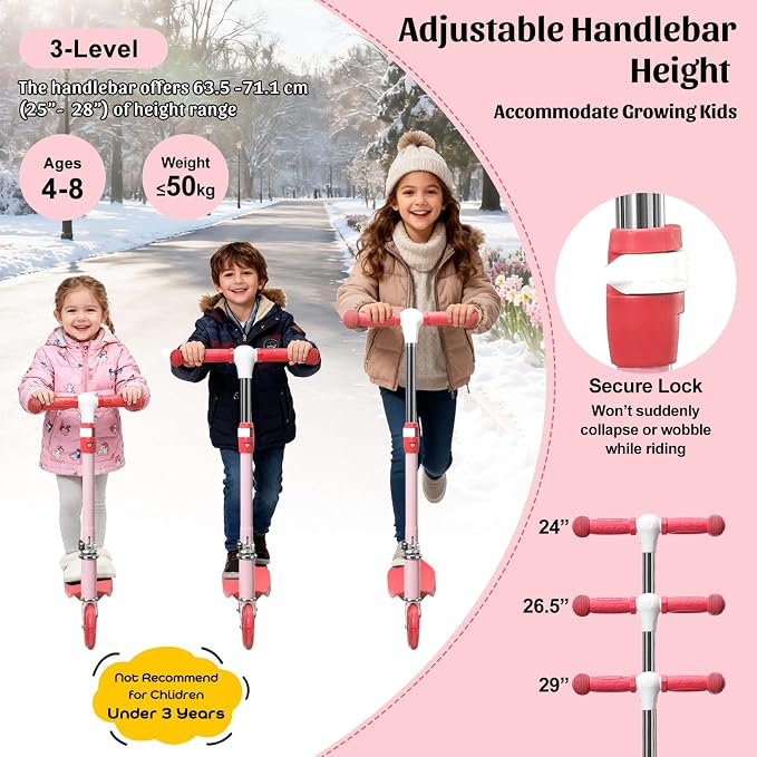 Kick Scooter for Kids 4-8, 2 Light Up Wheels, Heavy Duty Scooter with 3 Height Adjustable Handlebars, Rear Break, Widen Anti-Slip Deck, Max Load 110 Lbs for Boys Girls Ages 3+, 4.7Lbs