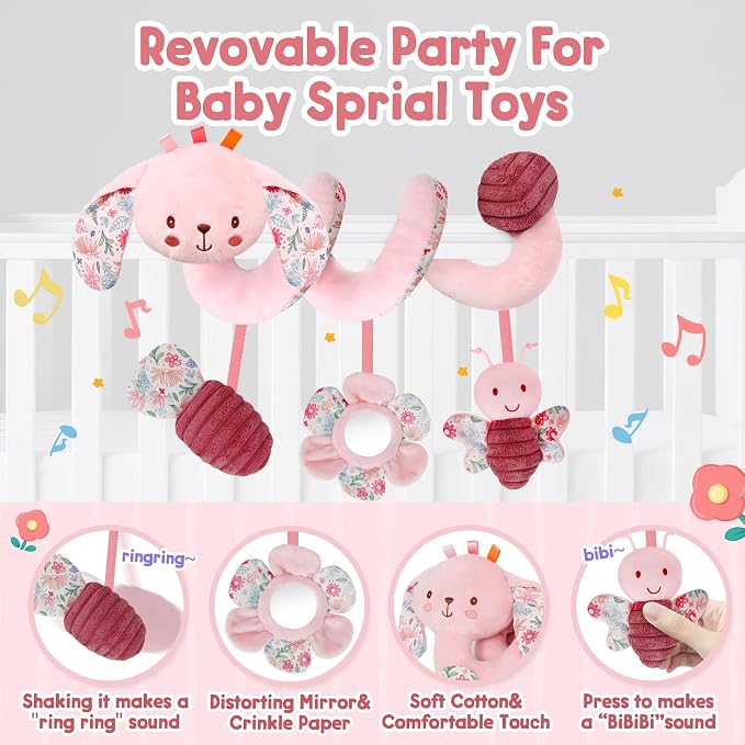 TSYAN Car Seat Toys for Babies 0-6 Months Boy,Baby Spiral Hanging Plush Activity Toys Thank You Gifts for Newborn 0 3 6 9 12 Months Baby Boys Girls