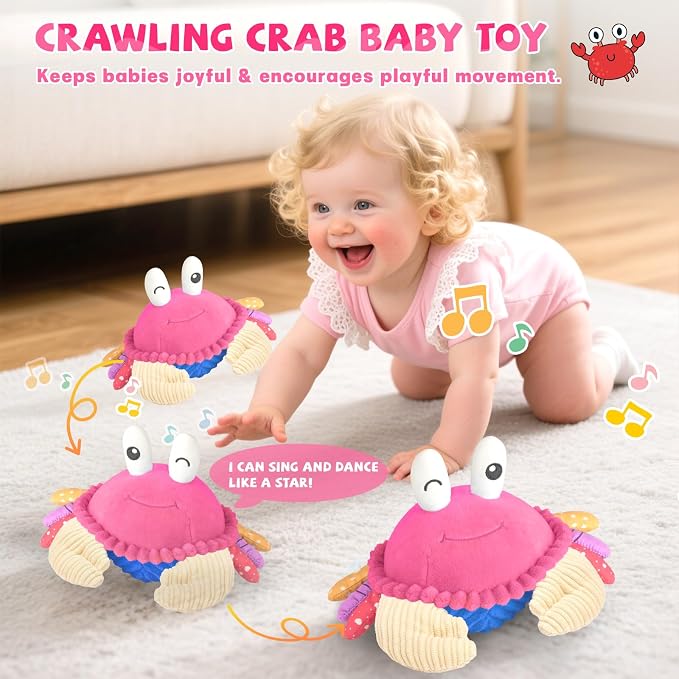SAIMAND Pink Crawling Crab Baby Toy – Interactive Musical Plush Toy with 40 Songs & Voice Recorder, Sensory Baby Toy for Infants, Soft Toddler Gift for Girls 1-3