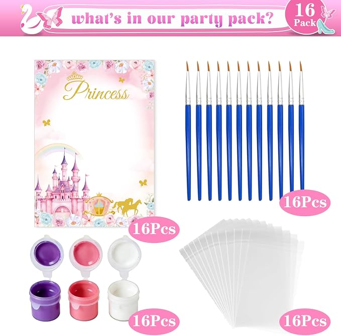 Xvvti 16PCS Princess Party Favors- DIY Princess Wood Painting Kits with Art Supplies – Fun Thank You Gifts, Birthday Party& Goodie Bag Stuffers