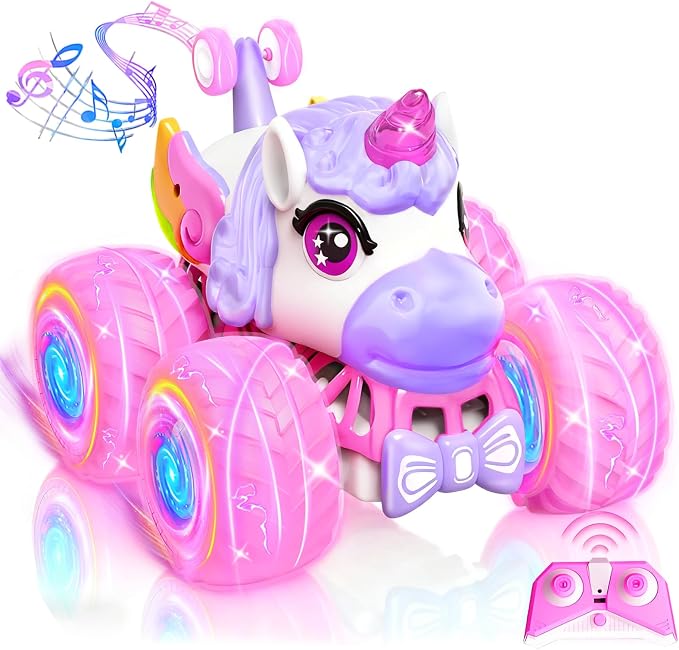 Remote Control Car for Girls, Unicorn Toys for Girls Age 3+ | 360° Rotating 4WD 2.4 GHz RC Stunt Cars with Light and Music, Unicorn Birthday Gifts Presents for 3 4-6 6-8