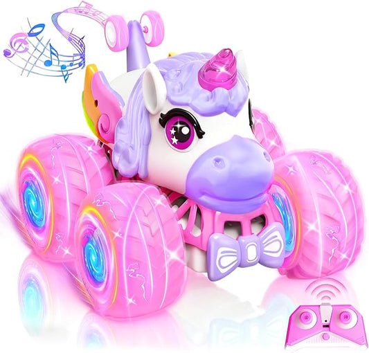 Remote Control Car for Girls, Unicorn Toys for Girls Age 3+ | 360° Rotating 4WD 2.4 GHz RC Stunt Cars with Light and Music, Unicorn Birthday Gifts Presents for 3 4-6 6-8