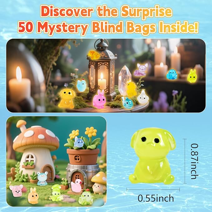 50PCS Glow in The Dark Resin Animals Mystery Bag, Mini Duck Blind Bags Toys, DIY Crafts Fairy Garden Dollhouse Decor, Kids Party Favors Classroom Prizes