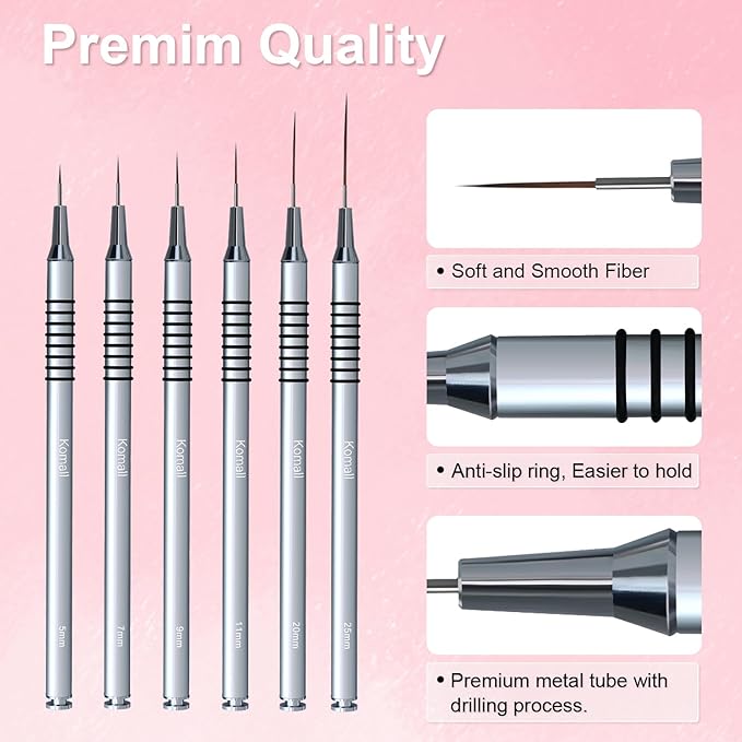 Komall Metallic Nail Art Brushes, 6Pcs Non Slip Liner Brush Set, UV Gel Polish Painting Art Design Pen for Long Lines, Thin Details, Fine Drawing Sizes 5/7/9/11/20/25mm(Silver)