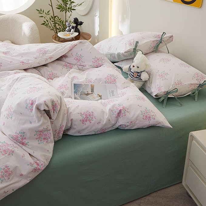 Aesthetic Floral Comforter Set Twin XL, 3 Pieces Pink White Cottagecore Comforter Floral Bedding Set, Lightweight Vintage Botanical Flowers Comforter with 2 Bow Ties Pillowcases for Girls Women