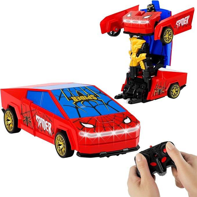 Spider Transform RC Car Toy for Boys 3-8, 2.4GHz Remote Control Cyber Hero Robot Car with LED Light, One-Button Deformation, 360° Drift Pickup Truck Toy Gift for Kids