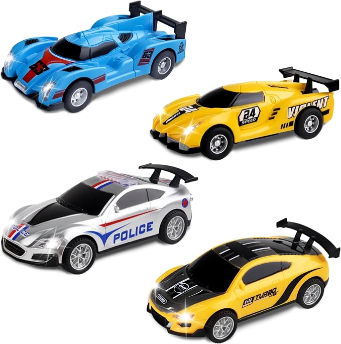 Slot Car Race Track Set, 19ft Electric Track with LED Lights and 4 Slot Cars, 2 Hand Controllers and Racing Game Lap Counters, Set Features Loop, Turns, and Crossover for Boys Age 6-12