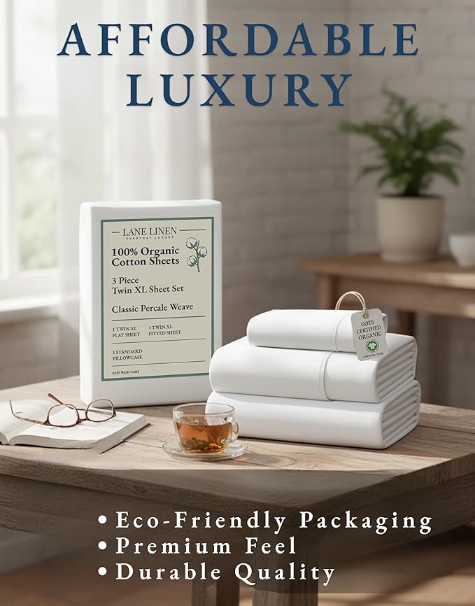 LANE LINEN 100% Organic Cotton White Twin XL Sheets Set 3-Piece Pure Percale Soft Bedding Breathable Fits Mattress Upto 15" Deep | GOTS Certified Organic Cotton Percale Twin XL Sheet Set - Naturally Cooling & Lightweight, Cool All Summer, Cozy All Winter