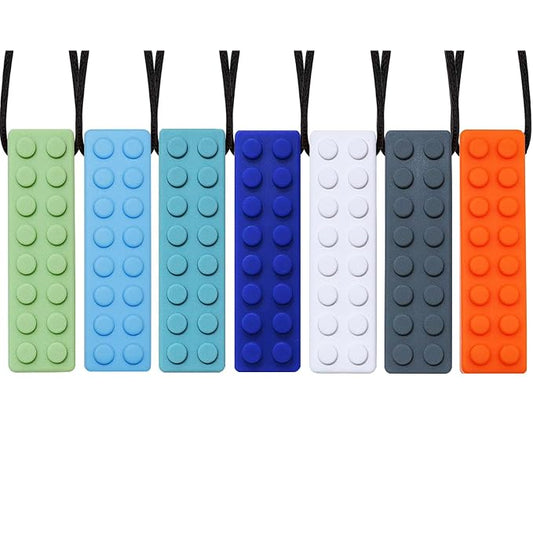 Olugu Chewing Necklace for Kids Sensory, Blocks Sensory Necklace for Chewing Boys Girls with Autism, ADHD, Teething, Biting, Chewing Needs, Silicone Chewy Necklace Sensory for Reduce Anxiety -7 Pack