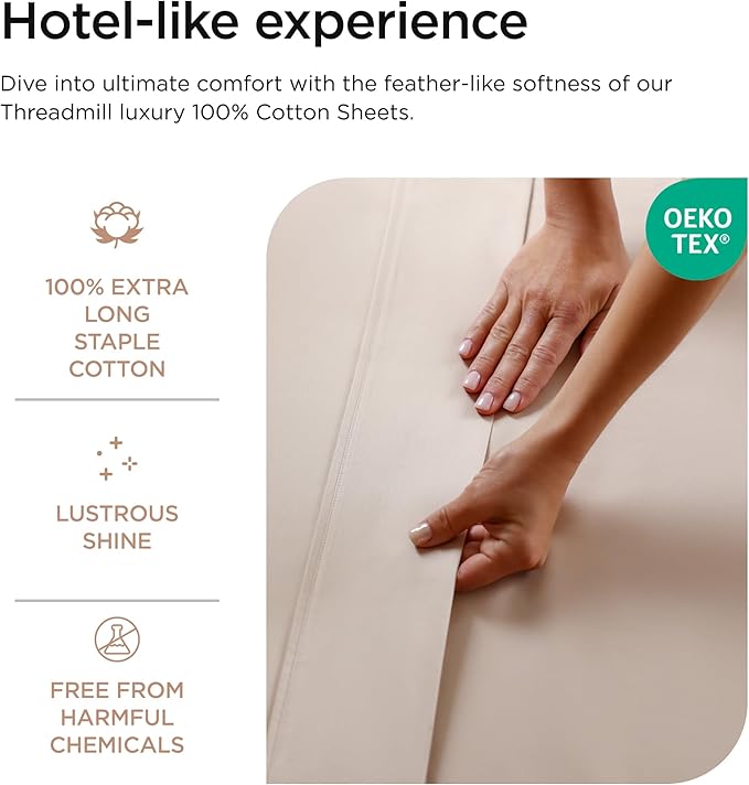 Threadmill 100% Cotton Sheets for Queen Size Bed - 600 Thread Count Queen Bed Sheets Set with 16” Deep Pocket - Sateen Weave 4-Piece Bedding Set with Cooling Effect, Beige