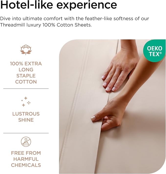 Threadmill 100% Cotton Sheets for Twin XL Size Bed - 600 Thread Count Twin XL Bed Sheets Set with 15” Deep Pocket - Sateen Weave 3-Piece Bedding Set with Cooling Effect, Beige