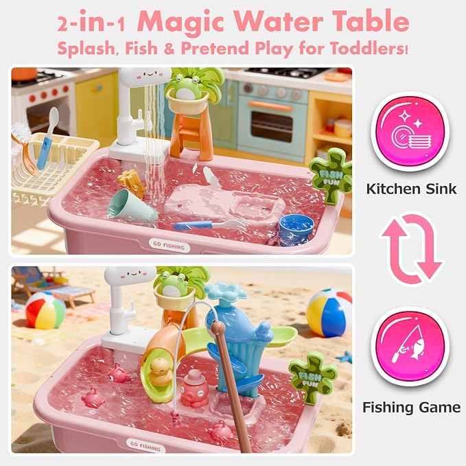 Sand and Water Table Toy for Toddlers, 22 Piece Toy Accessories, 4L Large Capacity Basin, Fishing Game/Kitchen Sink Toys, Perfect Summer Gift for Kids Ages 3-8 (Pink)