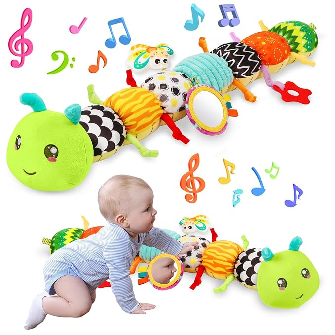 Baby Toys Musical Caterpillar for 0-12 Months, Infant Stuffed Animal with Mirror, Crinkle & Rattle, Tummy Time Toy for Newborn 3 6 9 12 18 Months, Baby Shower Gifts for Boys and Girls