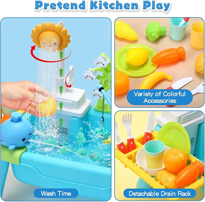 CUTE STONE Toddler Water Table for Kids, Kitchen Sink Toy with Running Water & Fishing Game,Water Play Table for Backyard Beach Pool, Summer Gifts for Boys Girls-Octopus