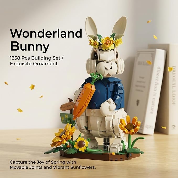 Wonderland Bunny Building Blocks Set, Compatible with Lego Flowers, Creator Cute Rabbit Toys with Carrot & Sunflower Display Base Creative Gift for Adults Home & Office Desk Decor (1258PCS)