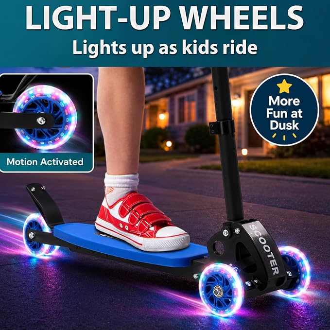 Kids Kick Scooter for 3-12,Lean-to-Steer 3 Wheel Scooter for Beginners with Light-Up Wheels,3 Adjustable Handlebar 27.5"–33",6-Inch Wide Deck,Rear Foot Brake,Foldable Scooter for Boys & Girls