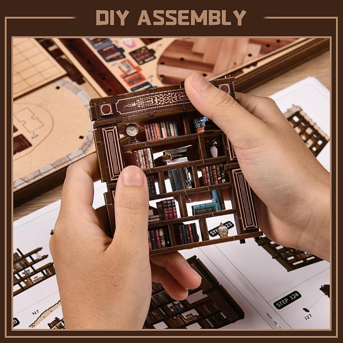 DIY Miniature House Kit,3D Wooden Puzzle Dollhouse Kit Retro Double-Decker Library Tiny House Model Kit to Build Bookend Decor,Gift for Adults Teens -Dreamy Book Hall