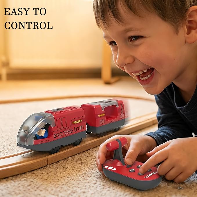 Battery Operated Train for Wooden Track, Remote Control Vehicle for Toddlers, Motorized Train Toy Set Compatible with Thomas, Brio