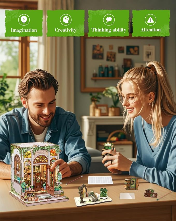 Cutefun Book Nook Kit - DIY Miniature Dollhouse Booknook Kit for Adults and Teens, 3D Wooden Puzzle Bookshelf Insert Decor with LED Light, Gifts for Book Lovers and Beginners (Green Life Bookshop)