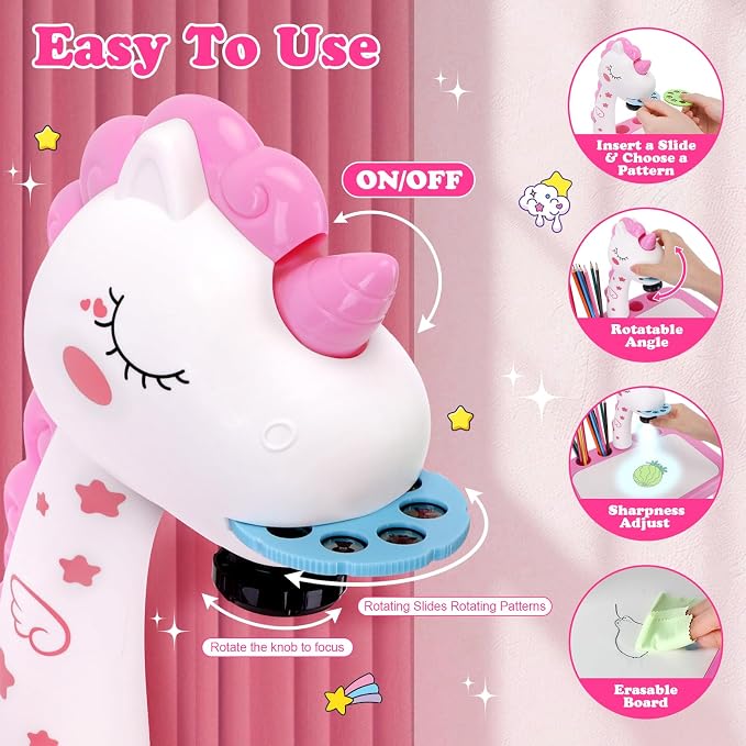 Drawing Projector for Kids, Art and Crafts, Drawing Board with Color Pens, Pencils, Crayons, Scrapbook, Unicorn Sticker Book, Ideal Toy for 3+ Year Old Girls & Boys (Unicorn Kit)