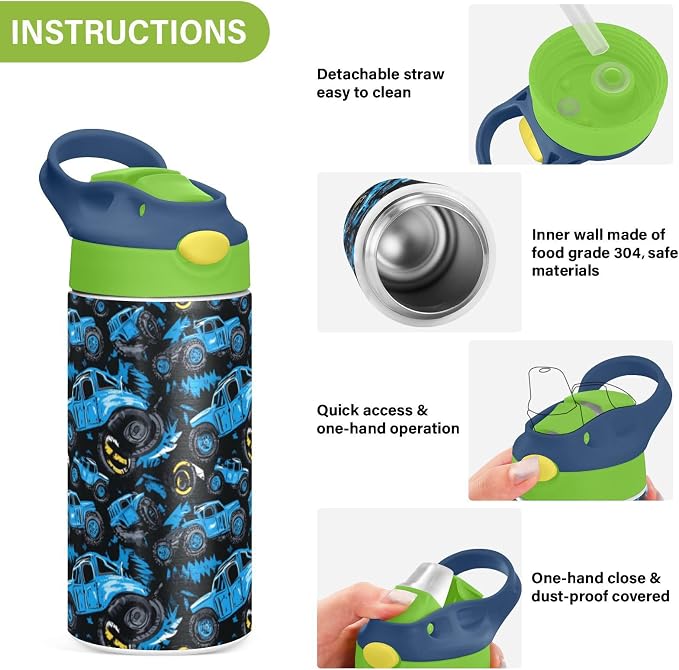 Boccsty Abstract Monster Trucks Kids Water Bottle with Straw Lid Tire Tracks Car Insulated Stainless Steel Reusable Tumbler for Boys Girls Toddlers 12 oz Green