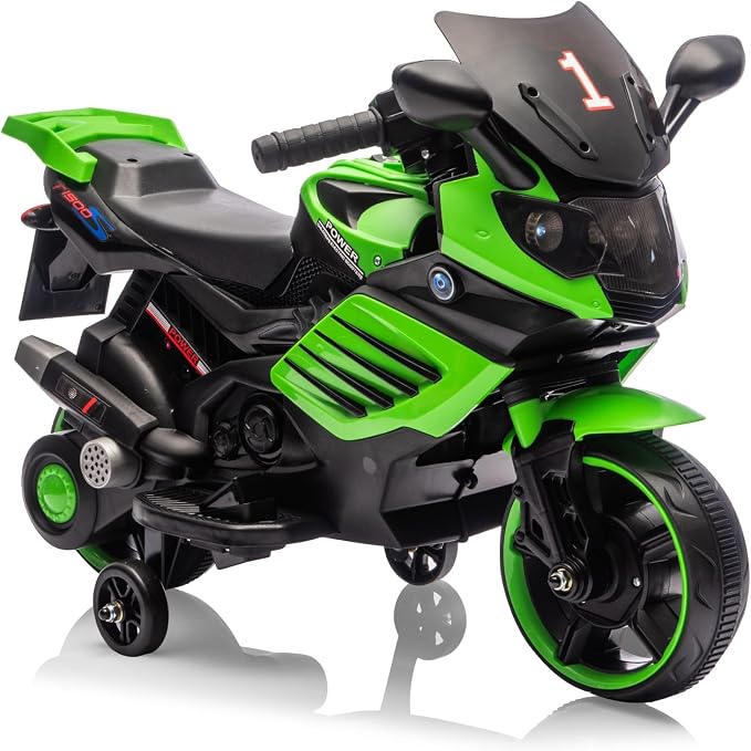 Kids 6V Ride On Motorcycle, Battery Powered Ride On Toys w/Treaded Tires, Working Headlight, Horn, Music, Training Wheels, Stable Electric Toddler Motorcycle for Kids, Gift for Boys Girls, Green