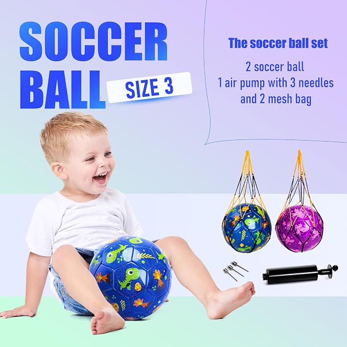 INPODAK Soccer Ball Size 3 Size 2 for Toddlers Kids 1-3 3-8, 1 or 2 Pack Cartoon Small Dinosaur Unicorn Soccer Ball Gifts for Girls Boys, Indoor Outdoor Sports Play Toys Birthday Gifts with Pump