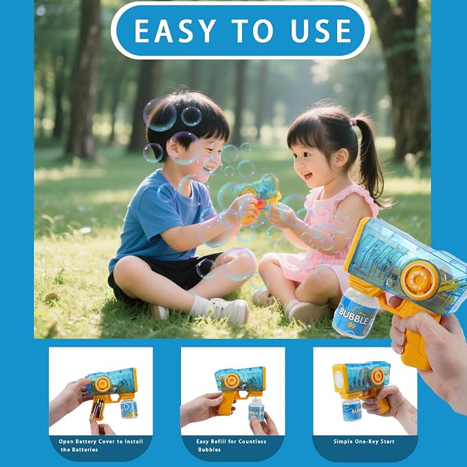 Bubble Machine Gun for Kids 2 Packs, with LED Lights & Solution,Suitable for Boys and Girls Aged 3 and up, Outdoor and Indoor Birthday and Wedding Party Toy, Gift(Yellow&Purple)