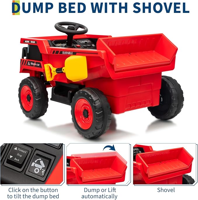 Garvee 12V Ride On Dump Truck for Kids, Ride On Car with Remote Control, Construction Vehicles with Dump Bed & Shovel, Ride-On Toys 16.5 in Spacious Seat, Music, Headlights, Soft Start, Red