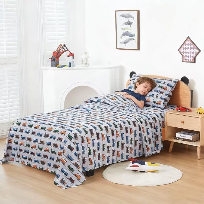 Viviland 3 Pieces Boys Grey Twin Sheet Set - Soft Microfiber Fitted Flat Sheets & Pillowcase - Retro Train Print Bedding Sets - for Kids & Toddlers