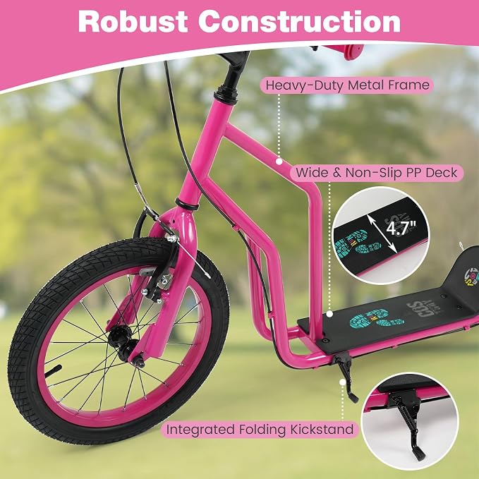 Costzon Big Wheels Kick Scooter for Kids 8+, Youth Scooter with Foldable & Height Adjustable Handlebar, Inflatable Shock Absorption Wheels, Dual Brakes for Teens, Adults, Max Load 220 LBS