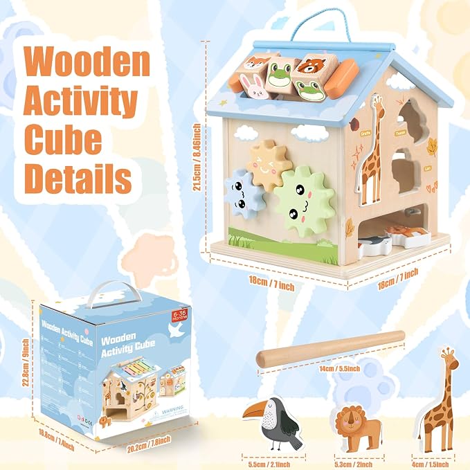 Wooden Activity Cube Montessori Toys for 6 Months Old 1 2 3 Years Toddlers Boys Girls 8-in-1 Baby Activity Center Birthday Gifts Shape Sorter Educational Learning Wood Cube